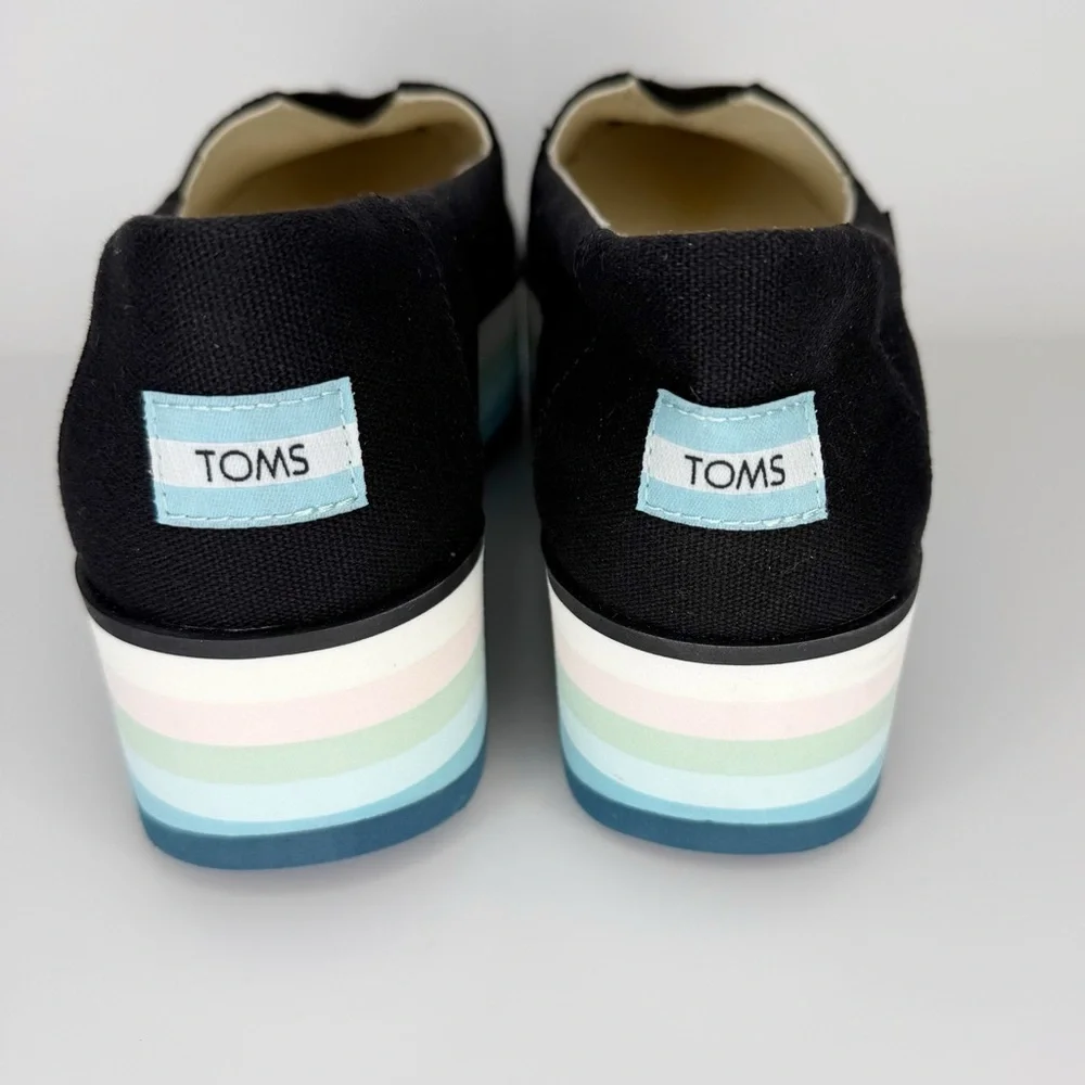 Toms Black, Blue & White Stripe Platform Slip On Shoes Women’s Size 10